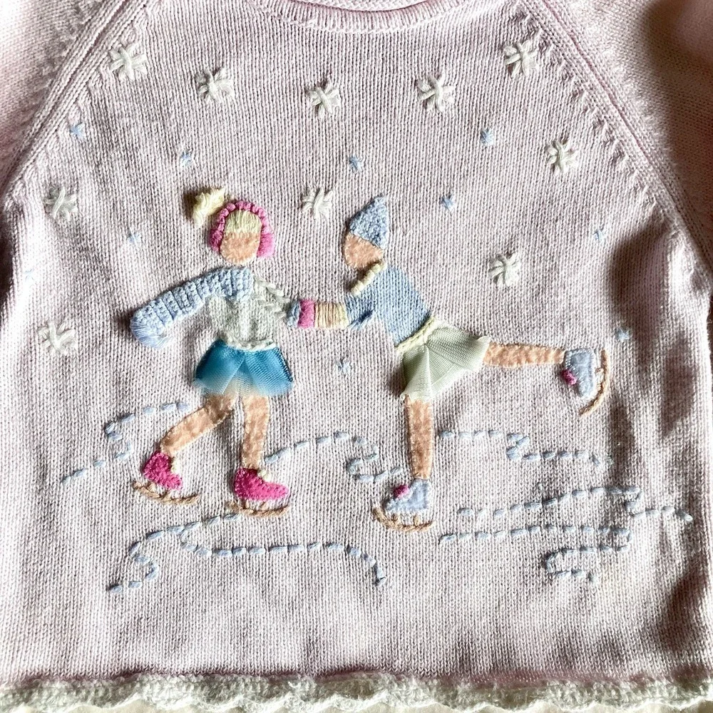 Vtg Embroidered Sweater 3D Girls Ice Skating Pink 2T Cotton Ramie Winter Snow